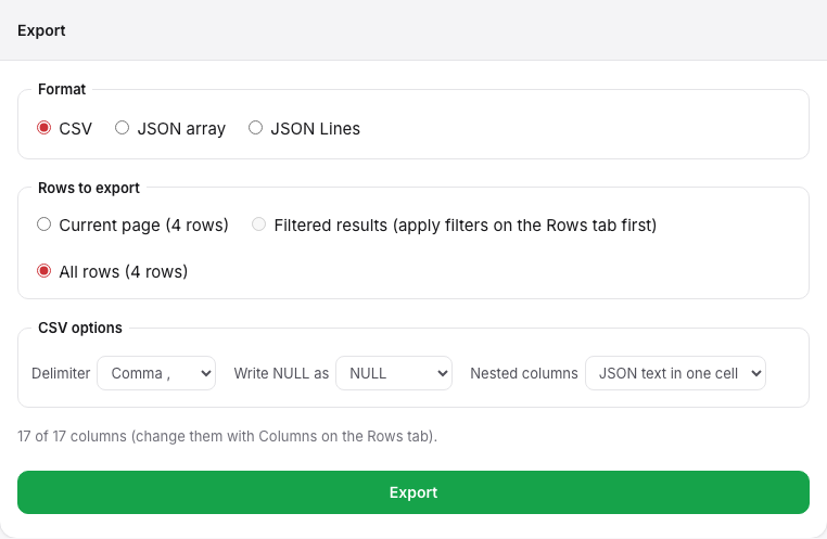 Parquet to CSV export panel with format, rows to export (current page, filtered results, all rows) and CSV options for delimiter, NULL token and nested columns